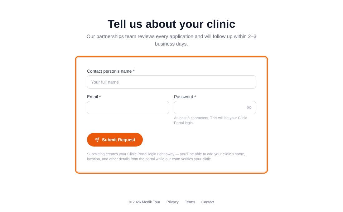 The clinic application form with name, email and password