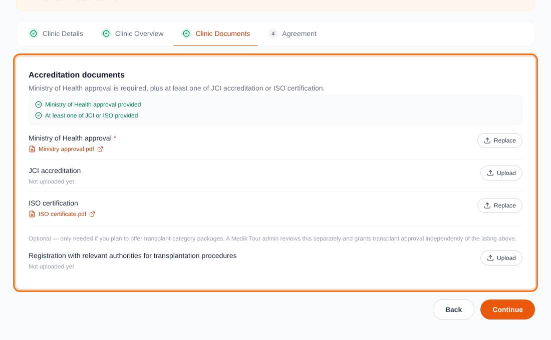Application step 3, Clinic Documents with Upload buttons and the checklist