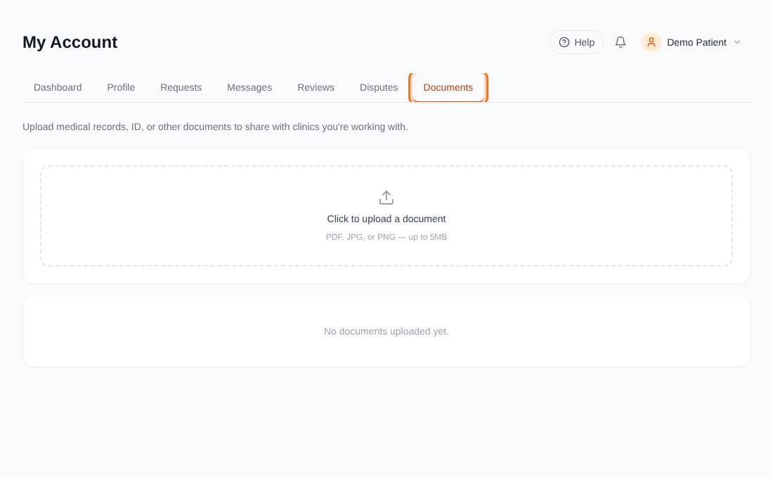 The Documents tab with the upload box