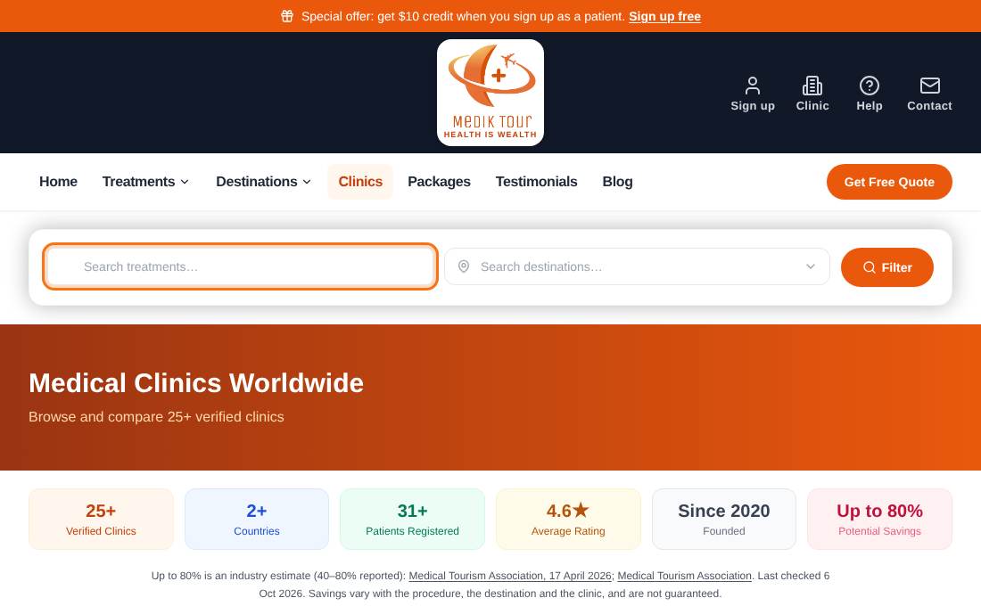 The clinics list with the treatment and destination filters highlighted