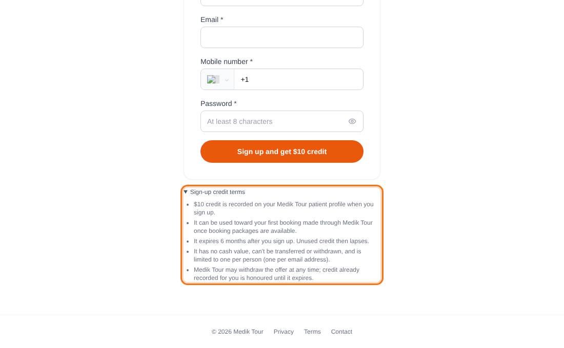 The Sign-up credit terms opened under the sign-up form