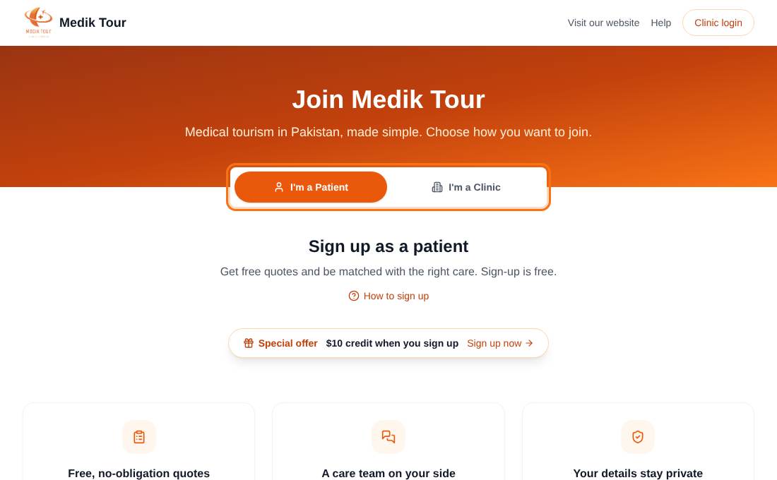 The Join Medik Tour page with the I'm a Patient and I'm a Clinic tabs