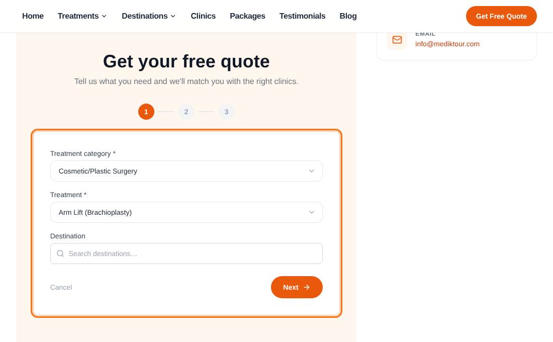 Quote form step 1: choose a treatment category, a treatment and a destination
