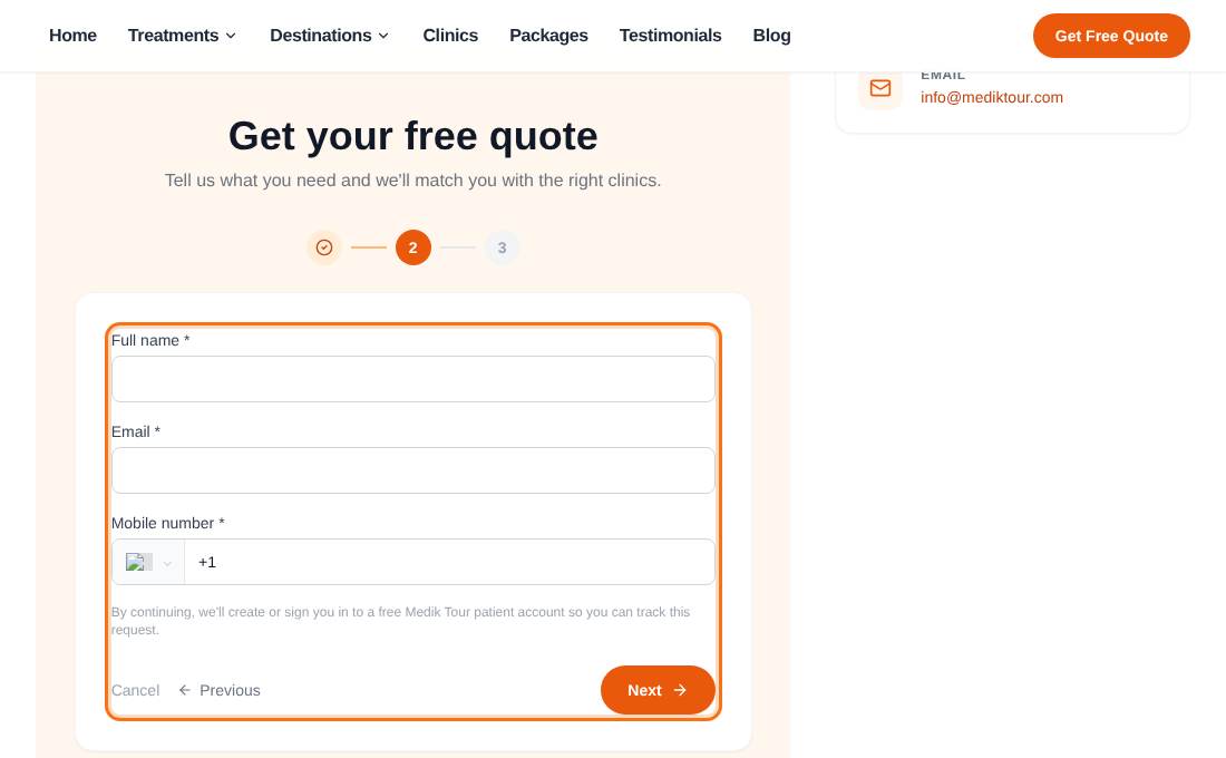 Quote form step 2 with name, email and mobile number