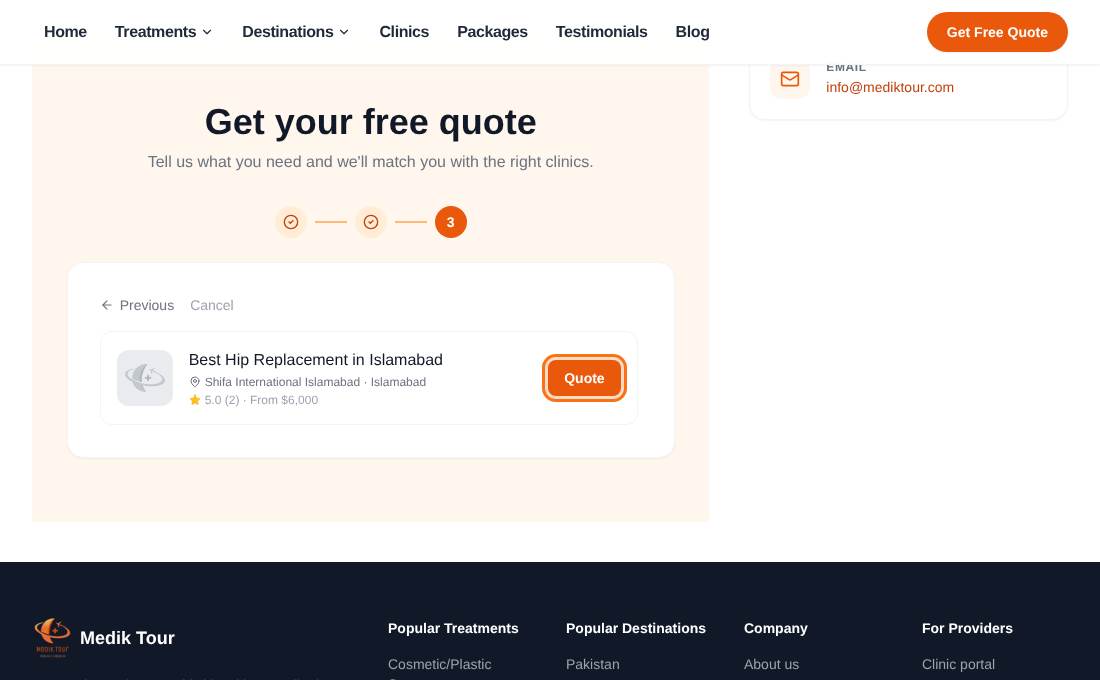 Quote form step 3 listing matching packages with a Quote button