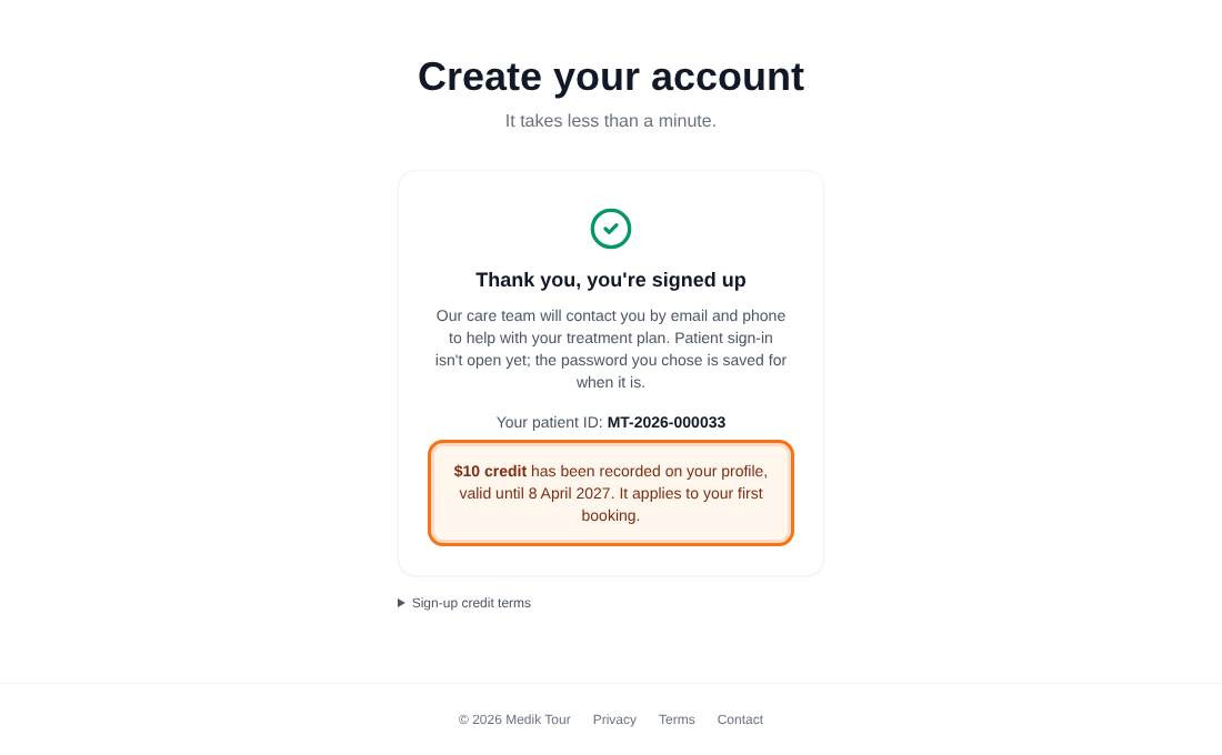 The thank-you card showing the credit recorded and its expiry date