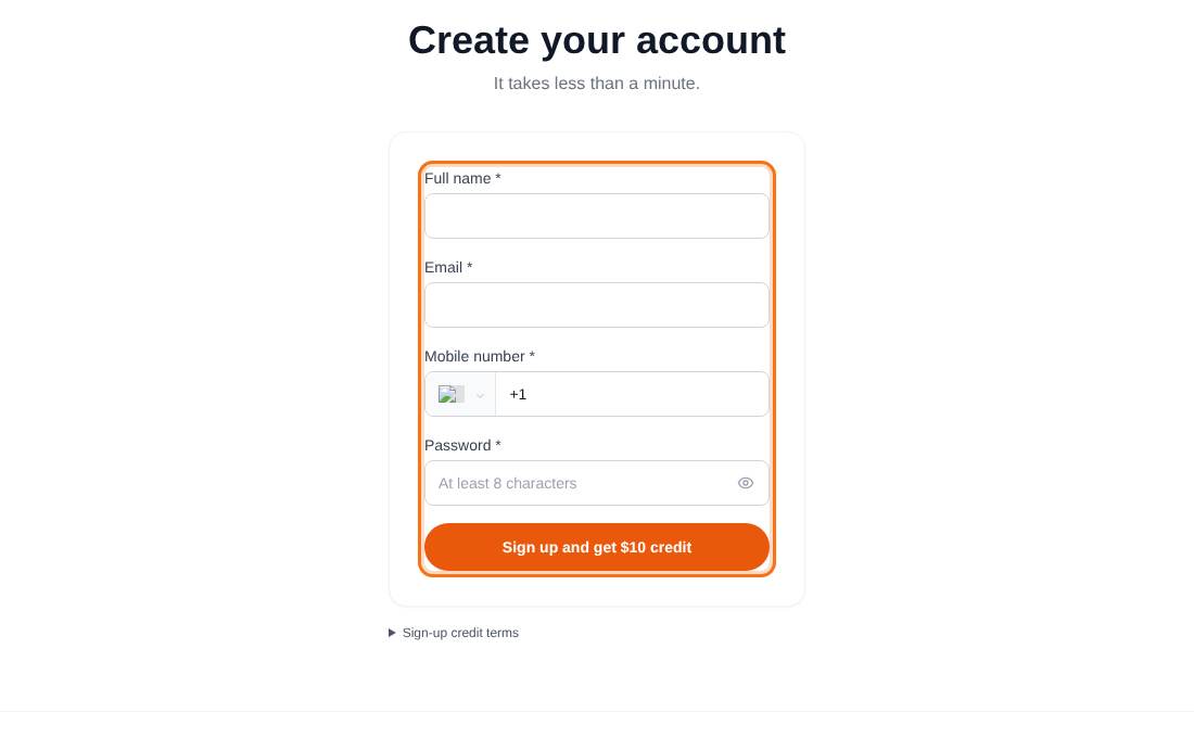 The patient sign-up form with name, email, mobile number and password